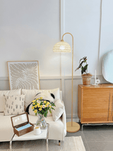Handwoven Rattan Arched Floor Lamp Modern Beige Standing Light for Living Room