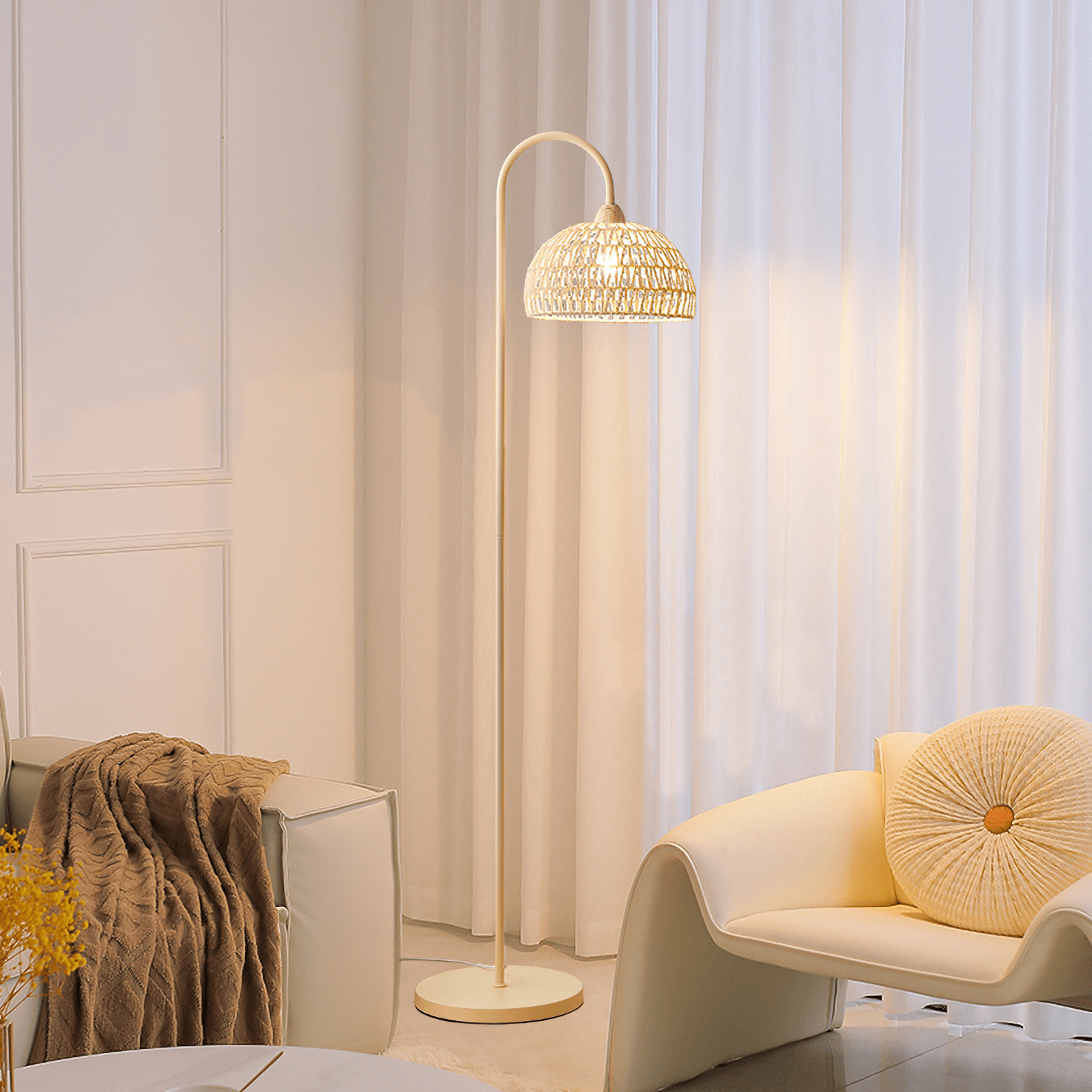 Handwoven Rattan Arched Floor Lamp Modern Beige Standing Light for Living Room