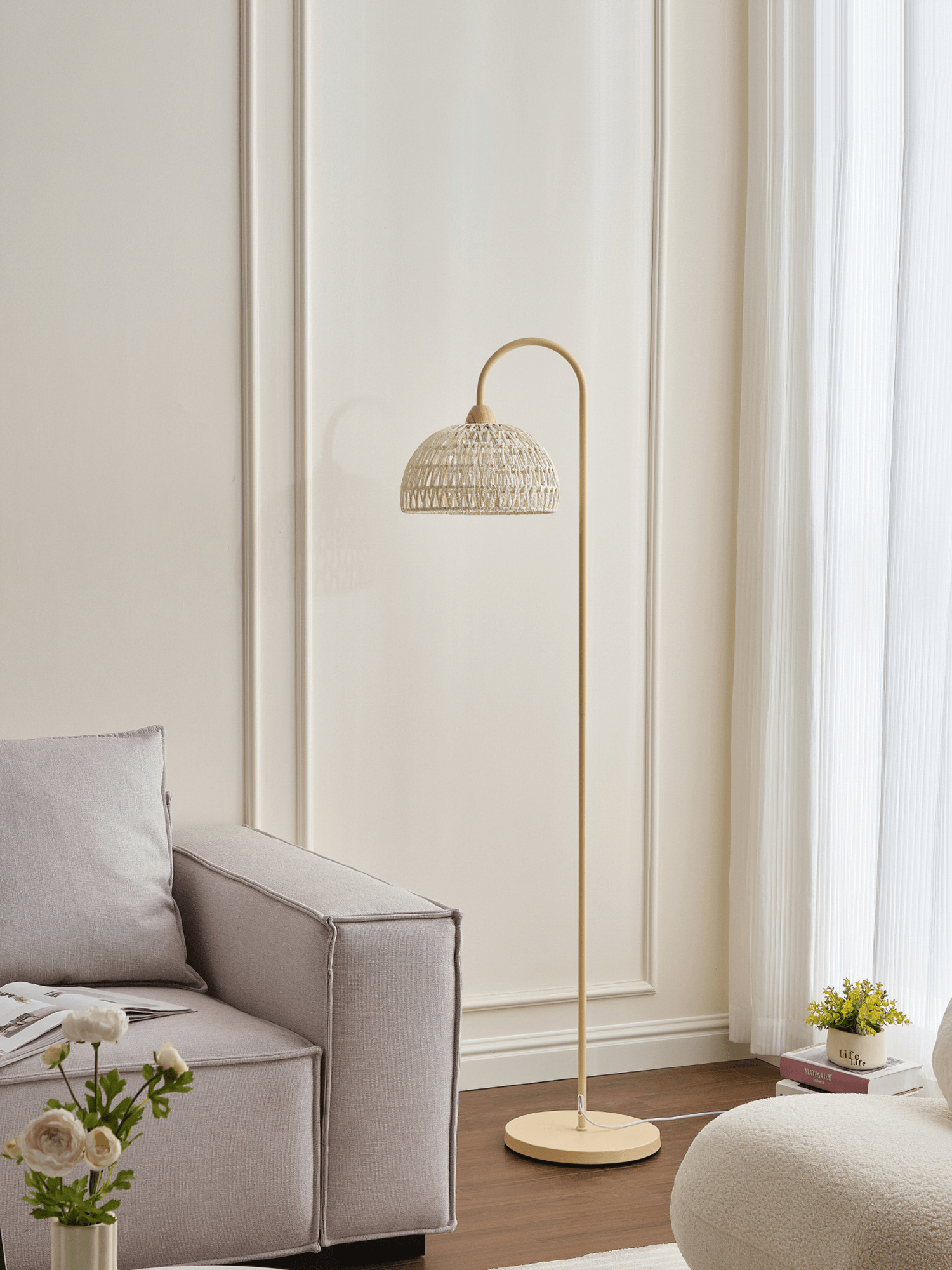 Handwoven Rattan Arched Floor Lamp Modern Beige Standing Light for Living Room