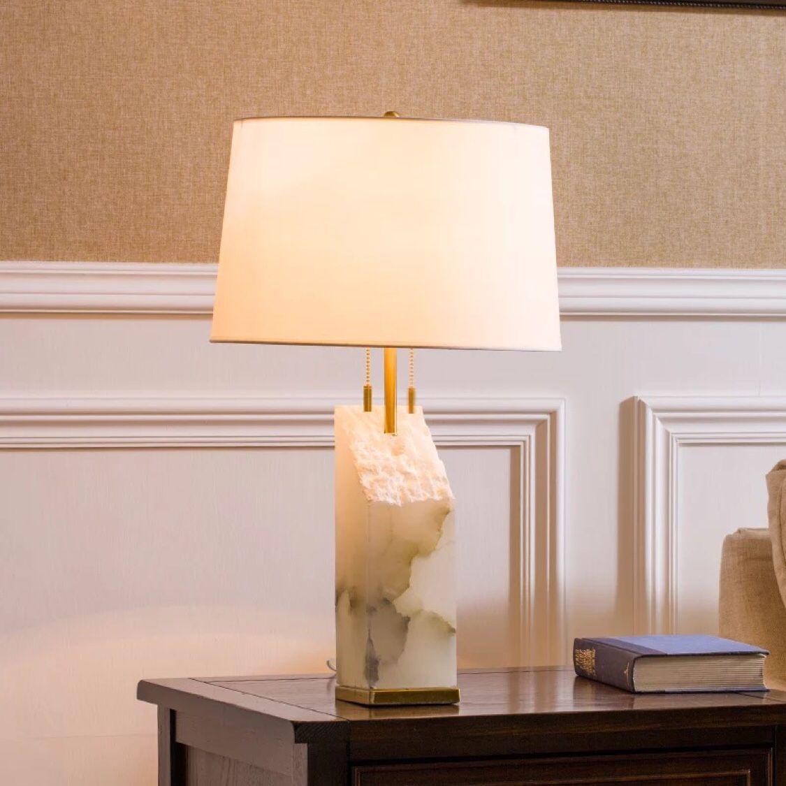 Natural Alabaster Table Lamp with Tapered Linen Shade Modern Bedside Reading Light