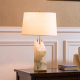 Natural Alabaster Table Lamp with Tapered Linen Shade Modern Bedside Reading Light
