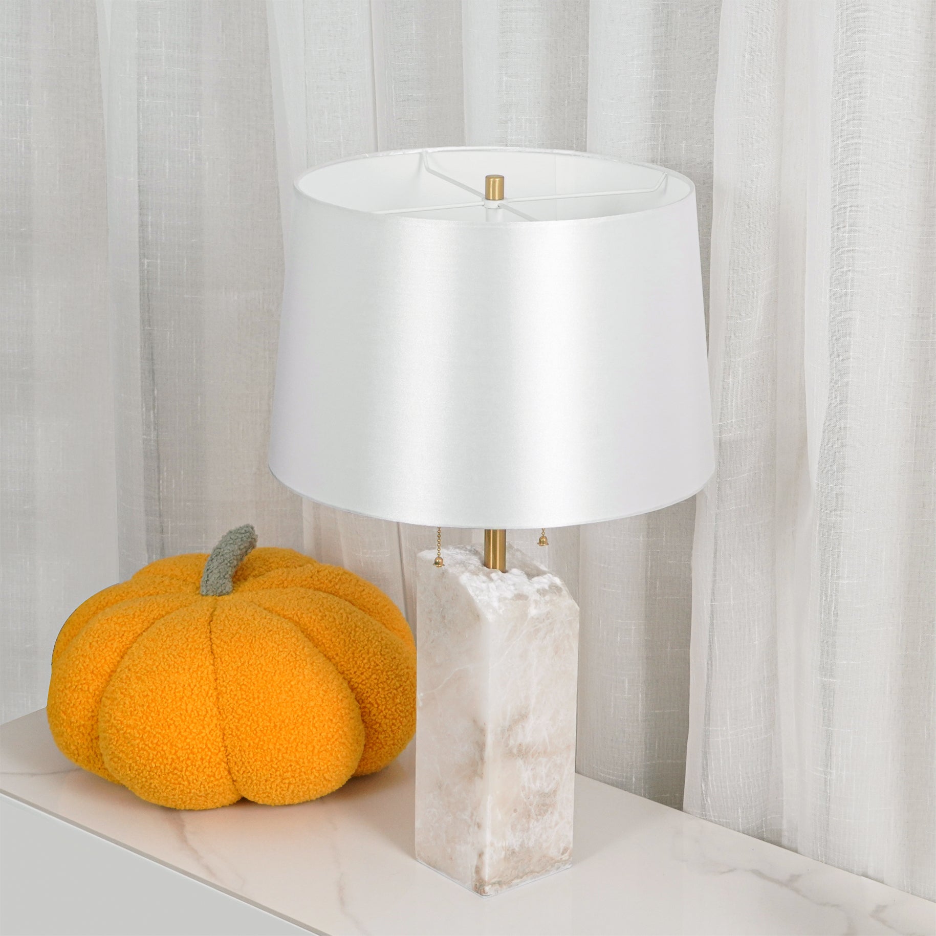 Natural Alabaster Table Lamp with Tapered Linen Shade Modern Bedside Reading Light