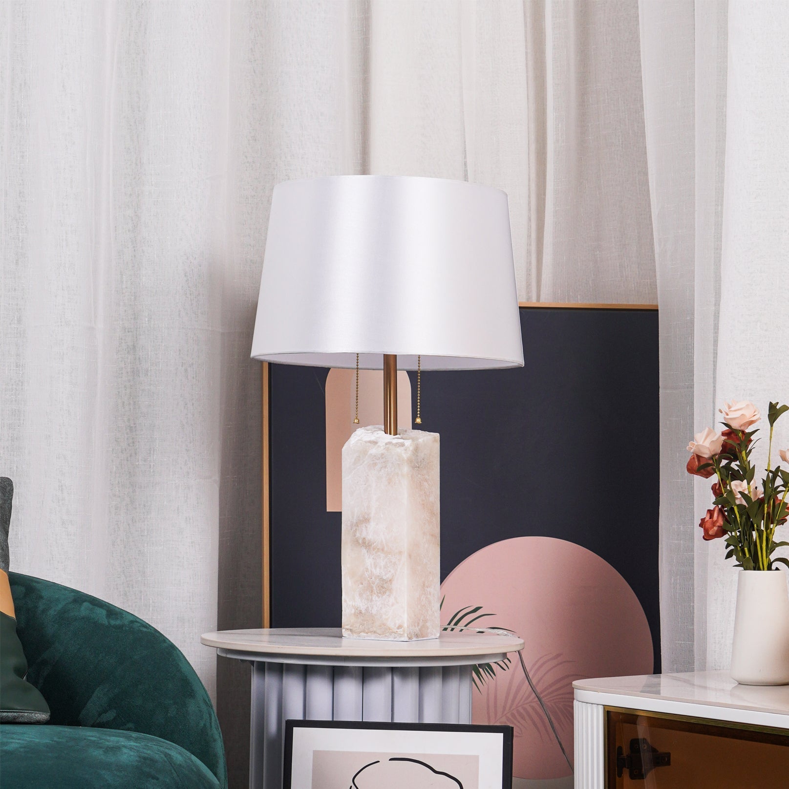 Natural Alabaster Table Lamp with Tapered Linen Shade Modern Bedside Reading Light