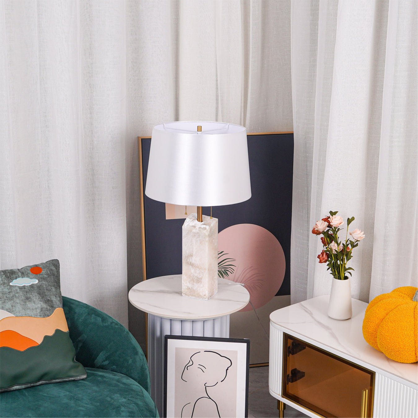 Natural Alabaster Table Lamp with Tapered Linen Shade Modern Bedside Reading Light