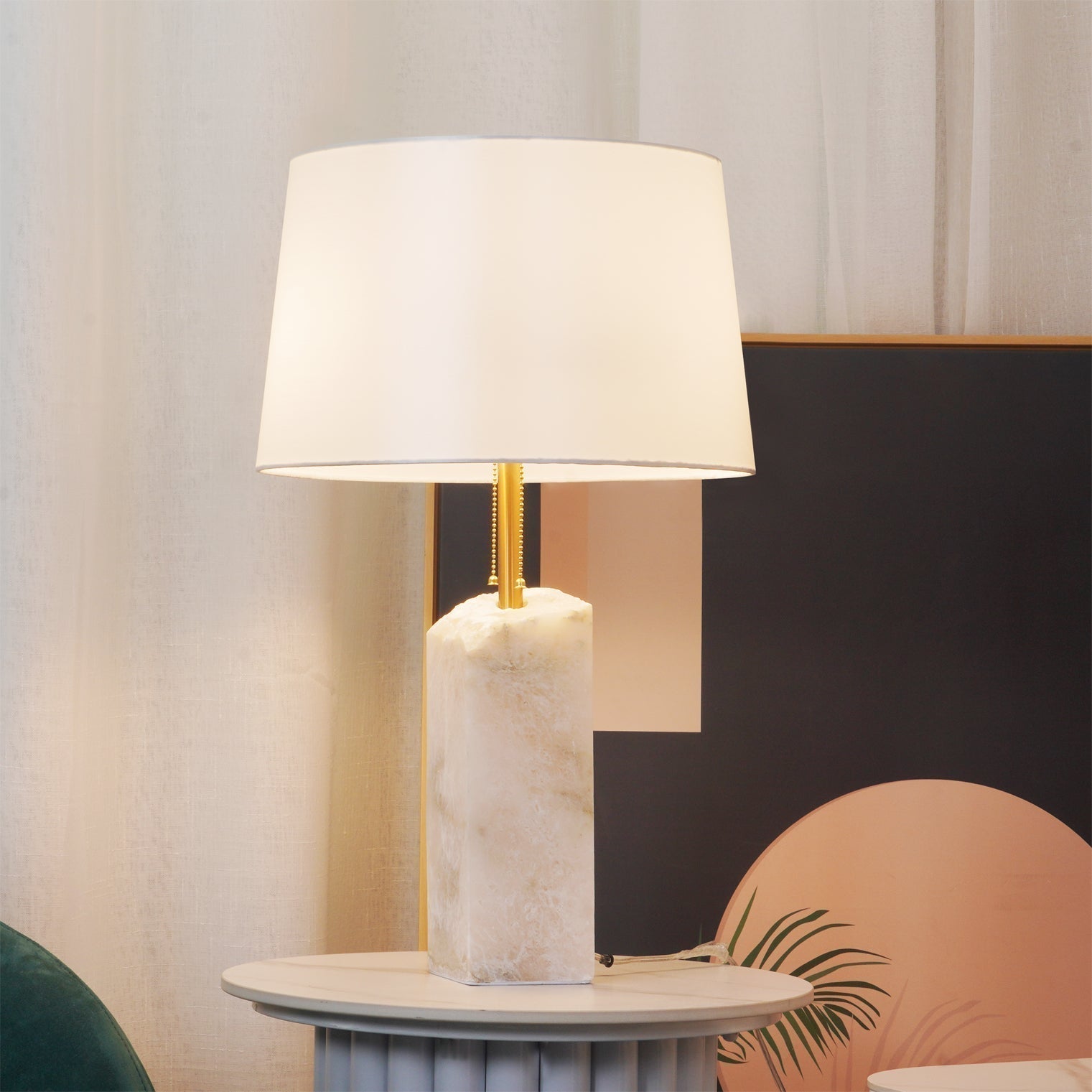 Natural Alabaster Table Lamp with Tapered Linen Shade Modern Bedside Reading Light
