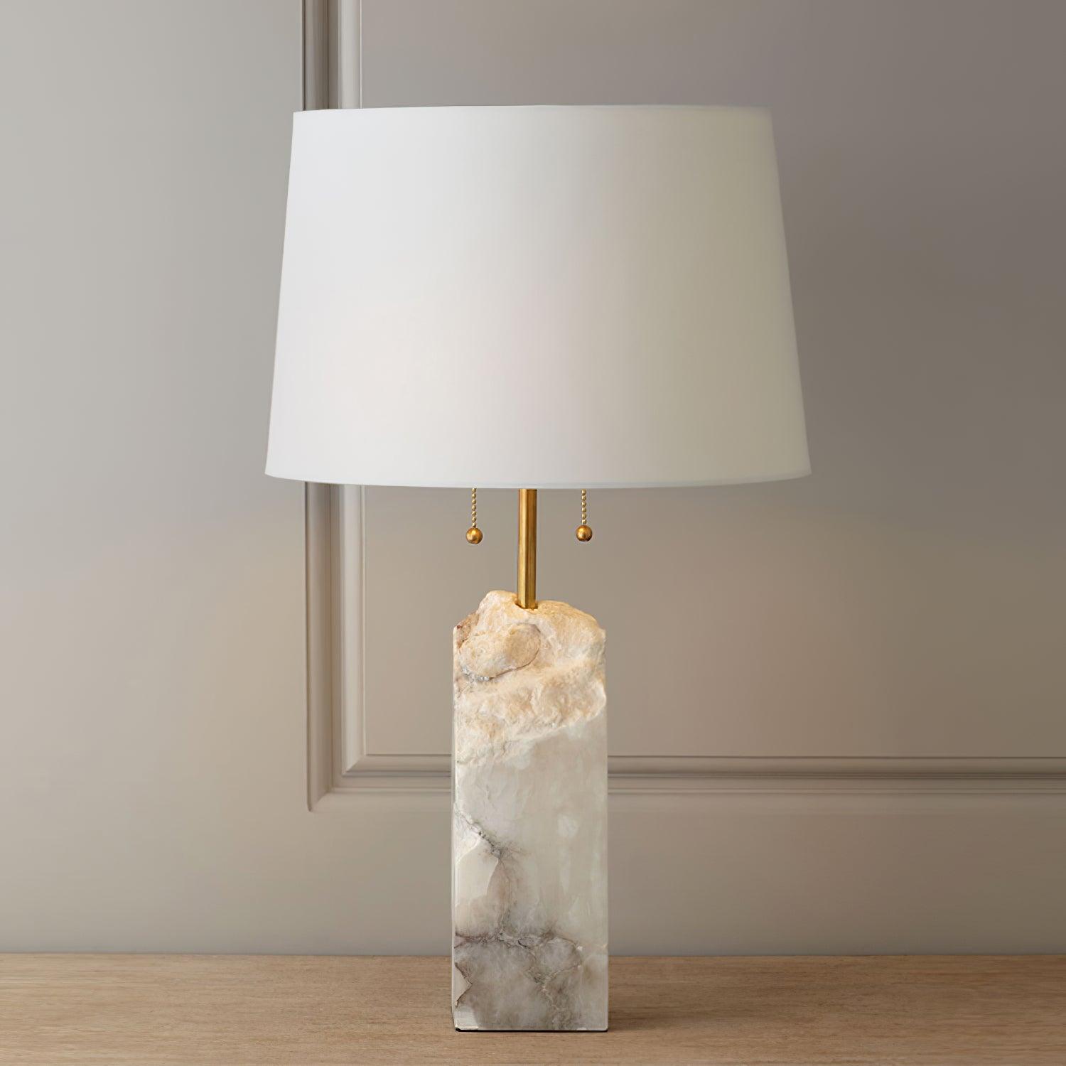 Natural Alabaster Table Lamp with Tapered Linen Shade Modern Bedside Reading Light
