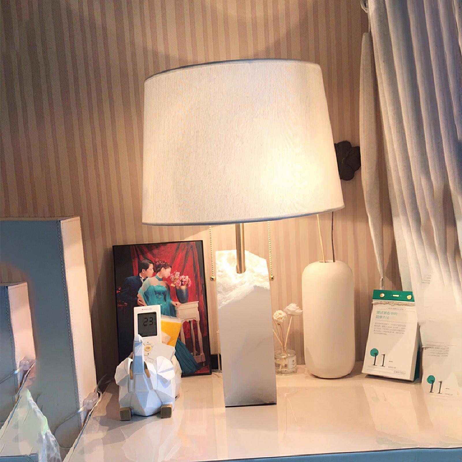 Natural Alabaster Table Lamp with Tapered Linen Shade Modern Bedside Reading Light