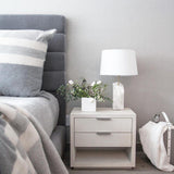 Natural Alabaster Table Lamp with Tapered Linen Shade Modern Bedside Reading Light