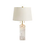 Natural Alabaster Table Lamp with Tapered Linen Shade Modern Bedside Reading Light