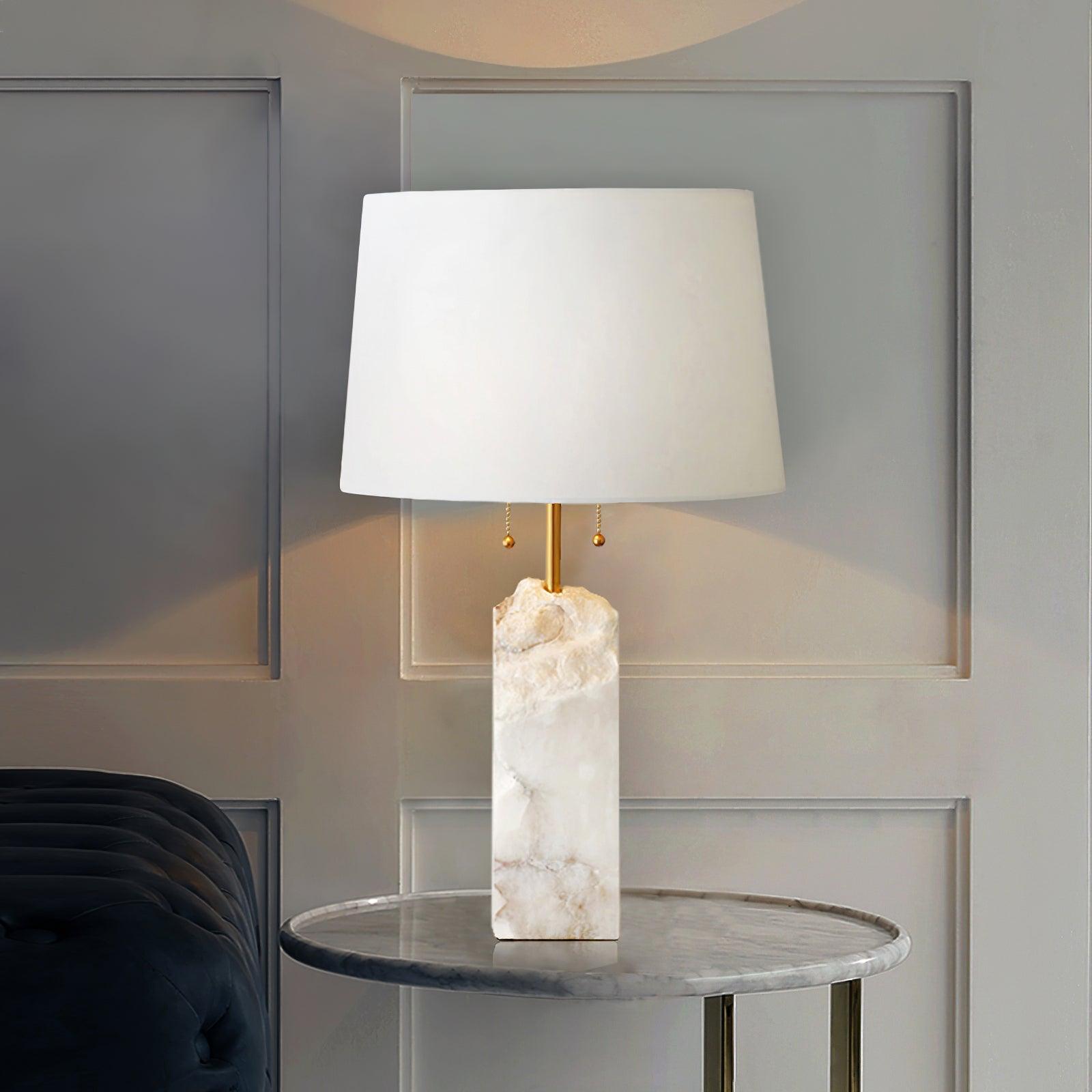 Natural Alabaster Table Lamp with Tapered Linen Shade Modern Bedside Reading Light