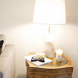 Natural Alabaster Table Lamp with Tapered Linen Shade Modern Bedside Reading Light