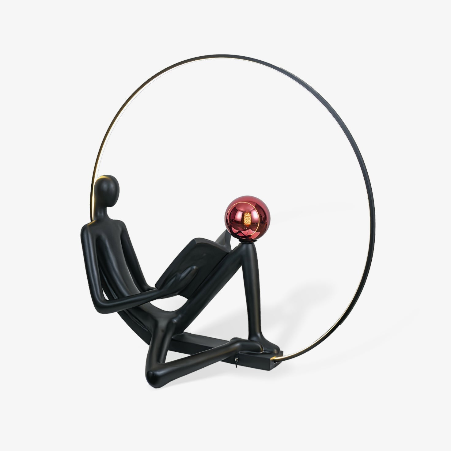 Modern Figurative Reader Sculpture LED Floor Lamp with Circular Frame and Ambient Lighting