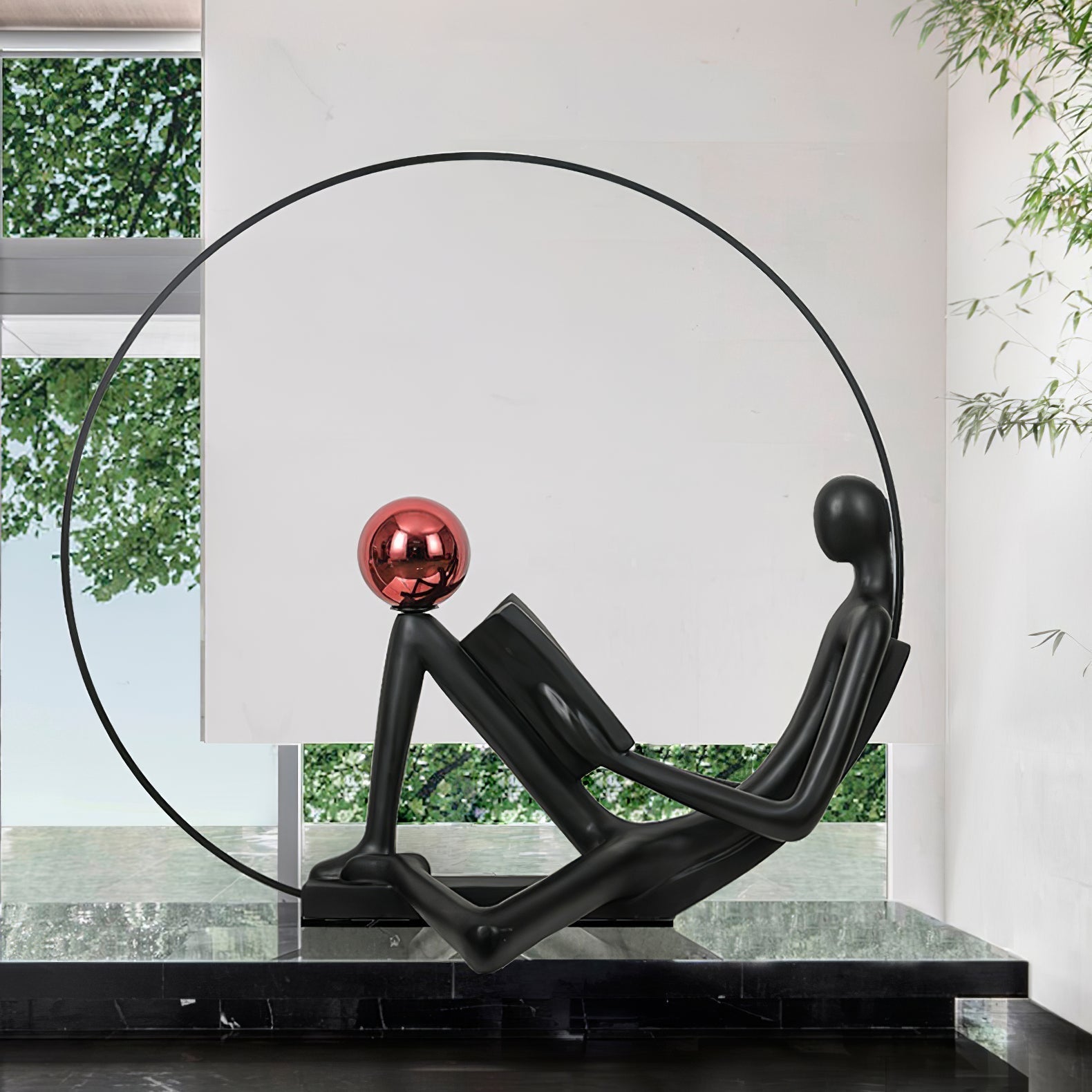 Modern Figurative Reader Sculpture LED Floor Lamp with Circular Frame and Ambient Lighting
