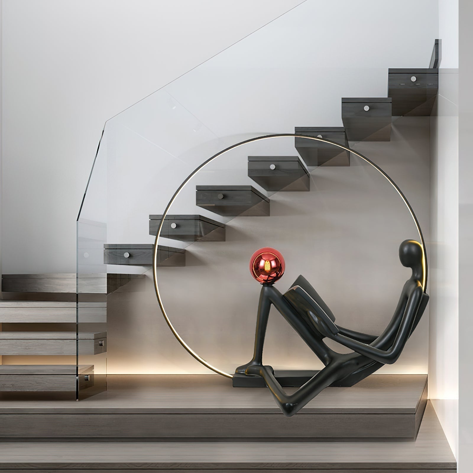 Modern Figurative Reader Sculpture LED Floor Lamp with Circular Frame and Ambient Lighting