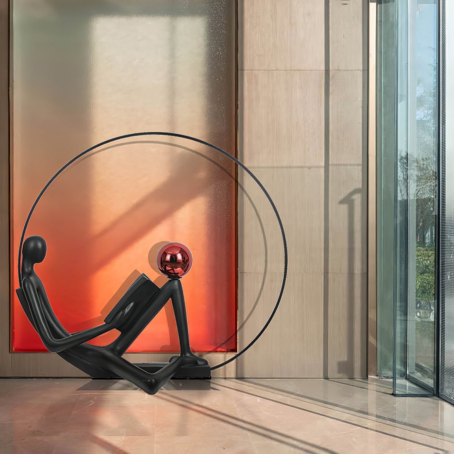 Modern Figurative Reader Sculpture LED Floor Lamp with Circular Frame and Ambient Lighting
