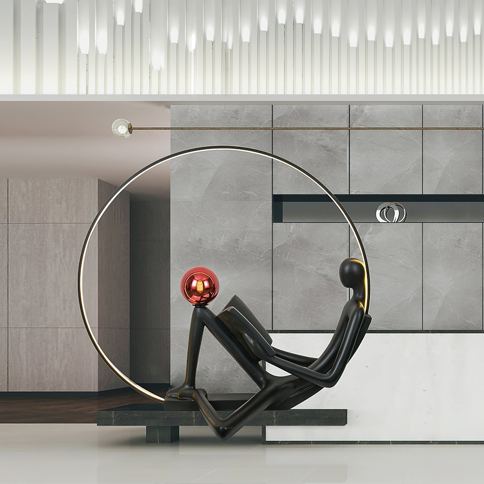 Modern Figurative Reader Sculpture LED Floor Lamp with Circular Frame and Ambient Lighting