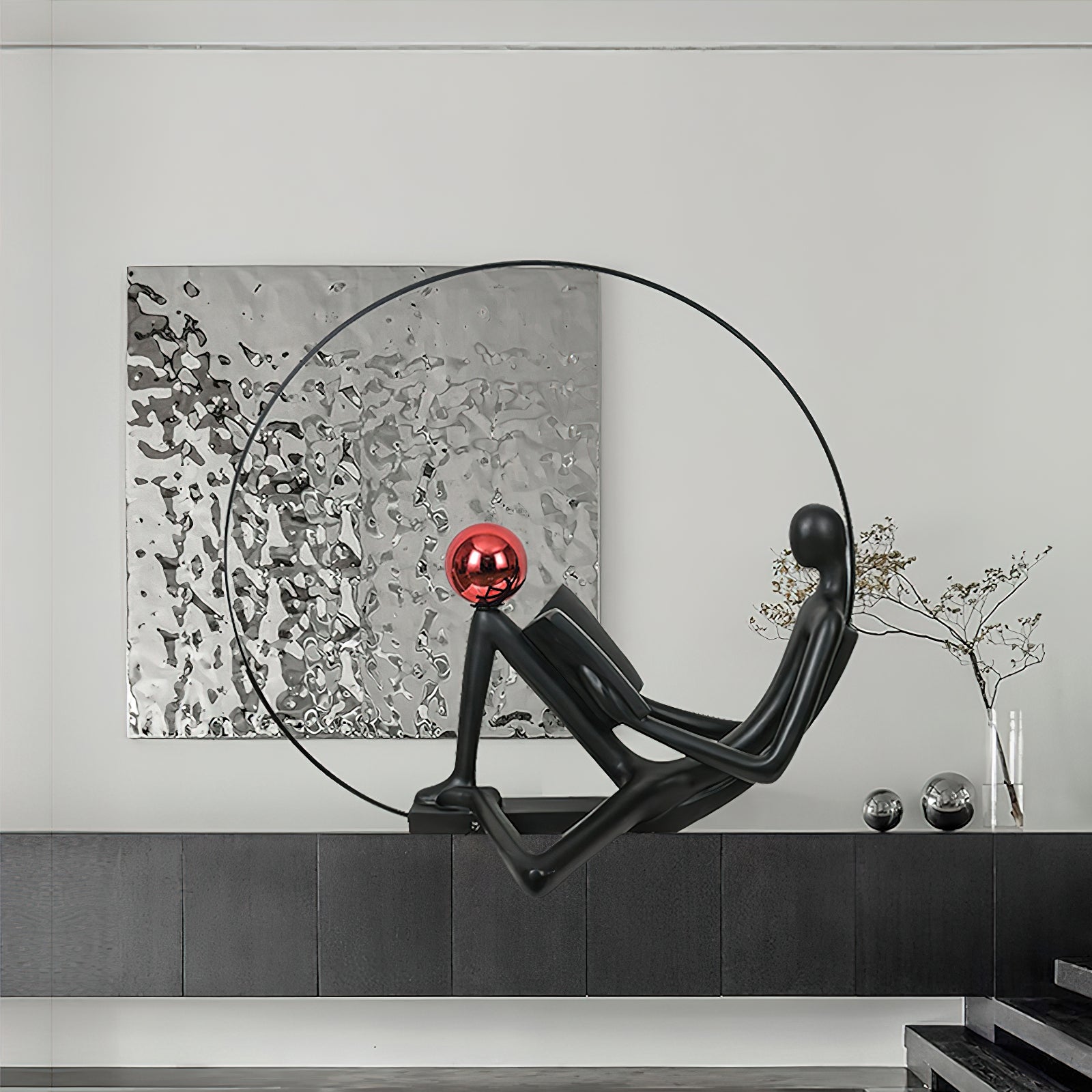 Modern Figurative Reader Sculpture LED Floor Lamp with Circular Frame and Ambient Lighting