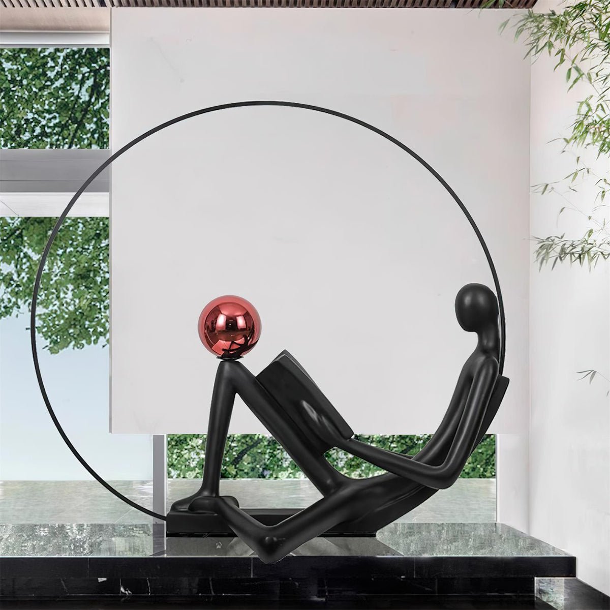 Modern Figurative Reader Sculpture LED Floor Lamp with Circular Frame and Ambient Lighting