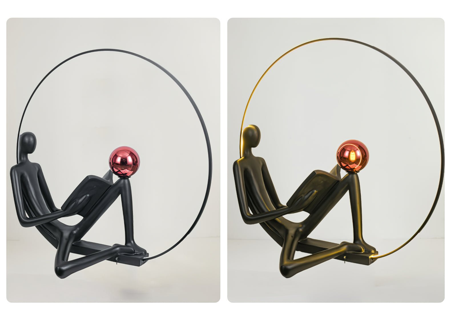Modern Figurative Reader Sculpture LED Floor Lamp with Circular Frame and Ambient Lighting