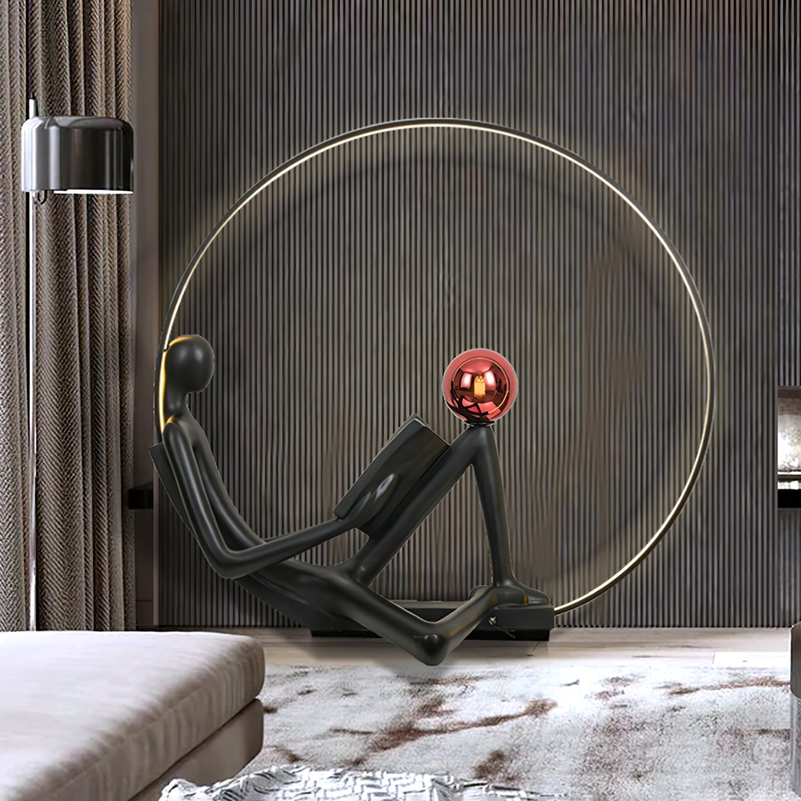 Modern Figurative Reader Sculpture LED Floor Lamp with Circular Frame and Ambient Lighting