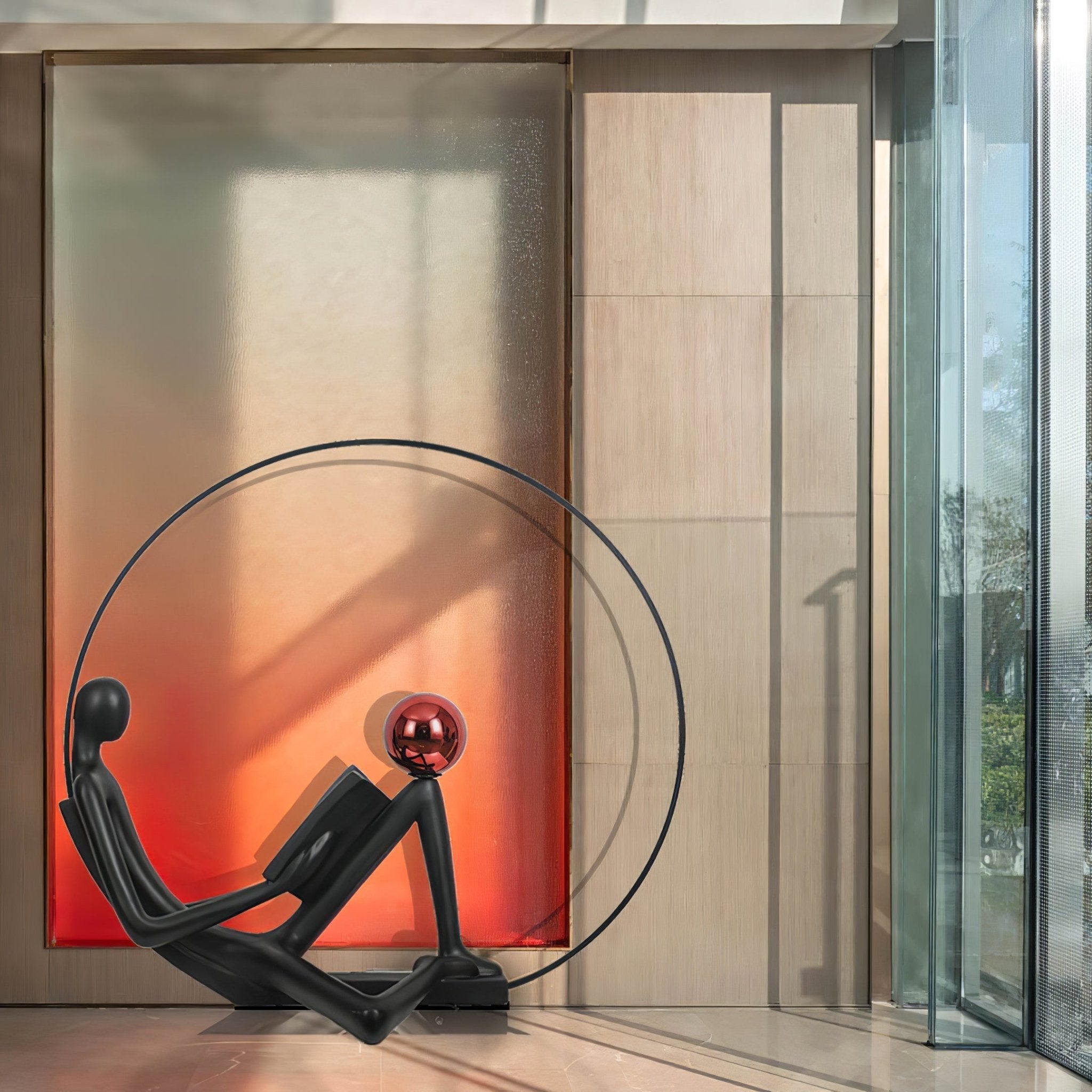 Modern Figurative Reader Sculpture LED Floor Lamp with Circular Frame and Ambient Lighting