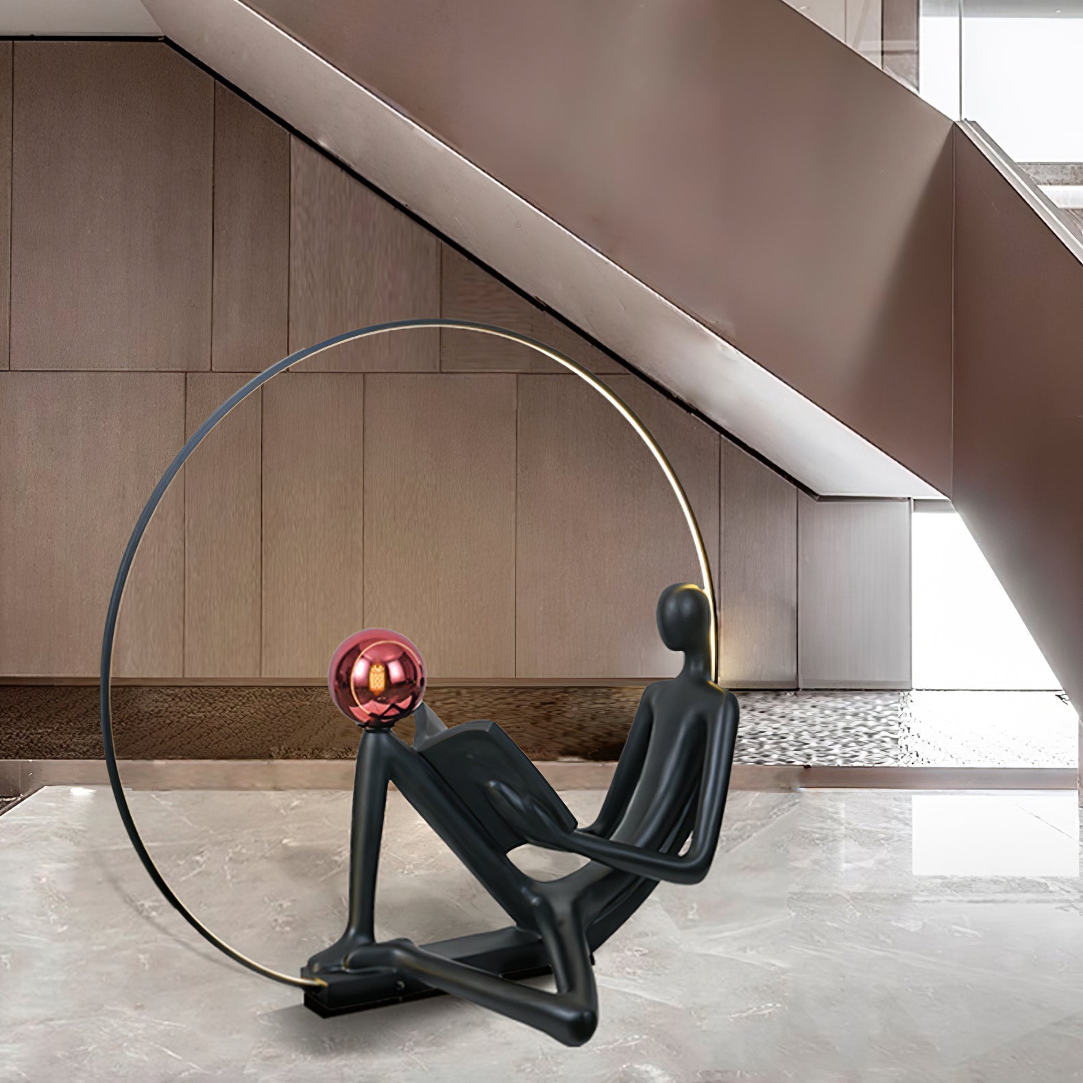 Modern Figurative Reader Sculpture LED Floor Lamp with Circular Frame and Ambient Lighting