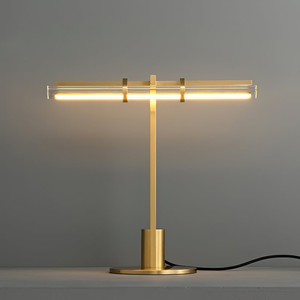 Minimalist Linear Brass Table Lamp with Integrated LED Tubular Glass Shade