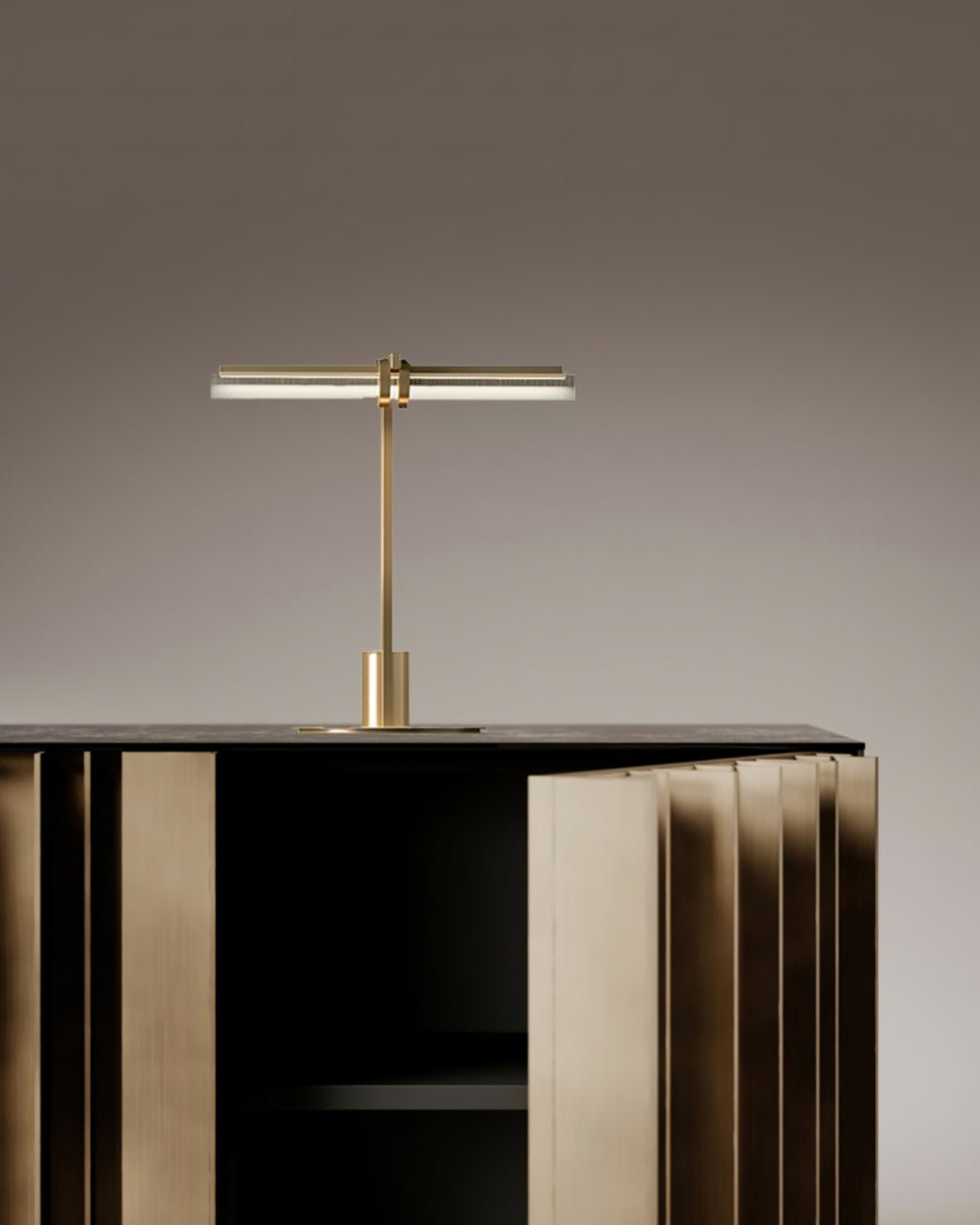 Minimalist Linear Brass Table Lamp with Integrated LED Tubular Glass Shade