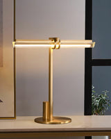 Minimalist Linear Brass Table Lamp with Integrated LED Tubular Glass Shade