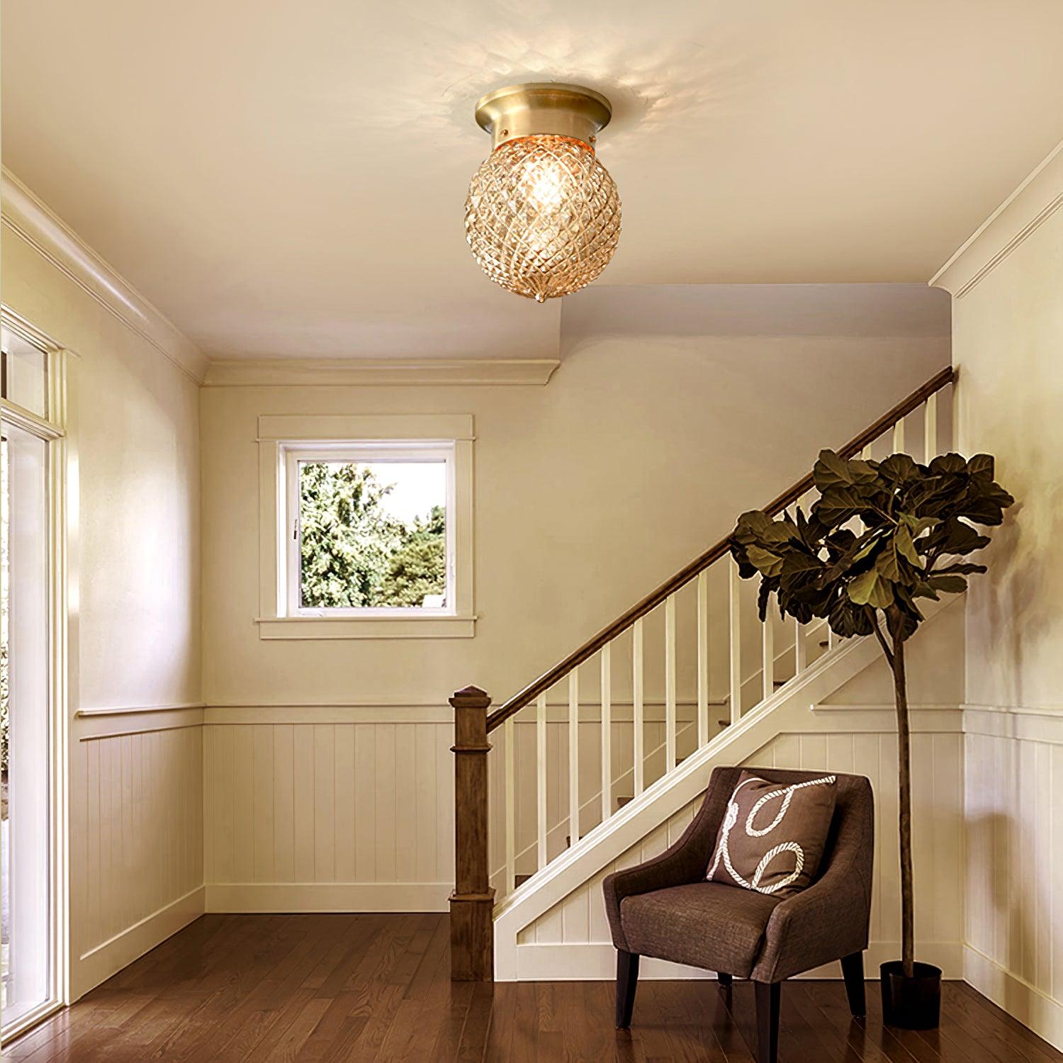 Reeded Glass Globe Flush Mount Ceiling Light Antique Brass Indoor Lighting