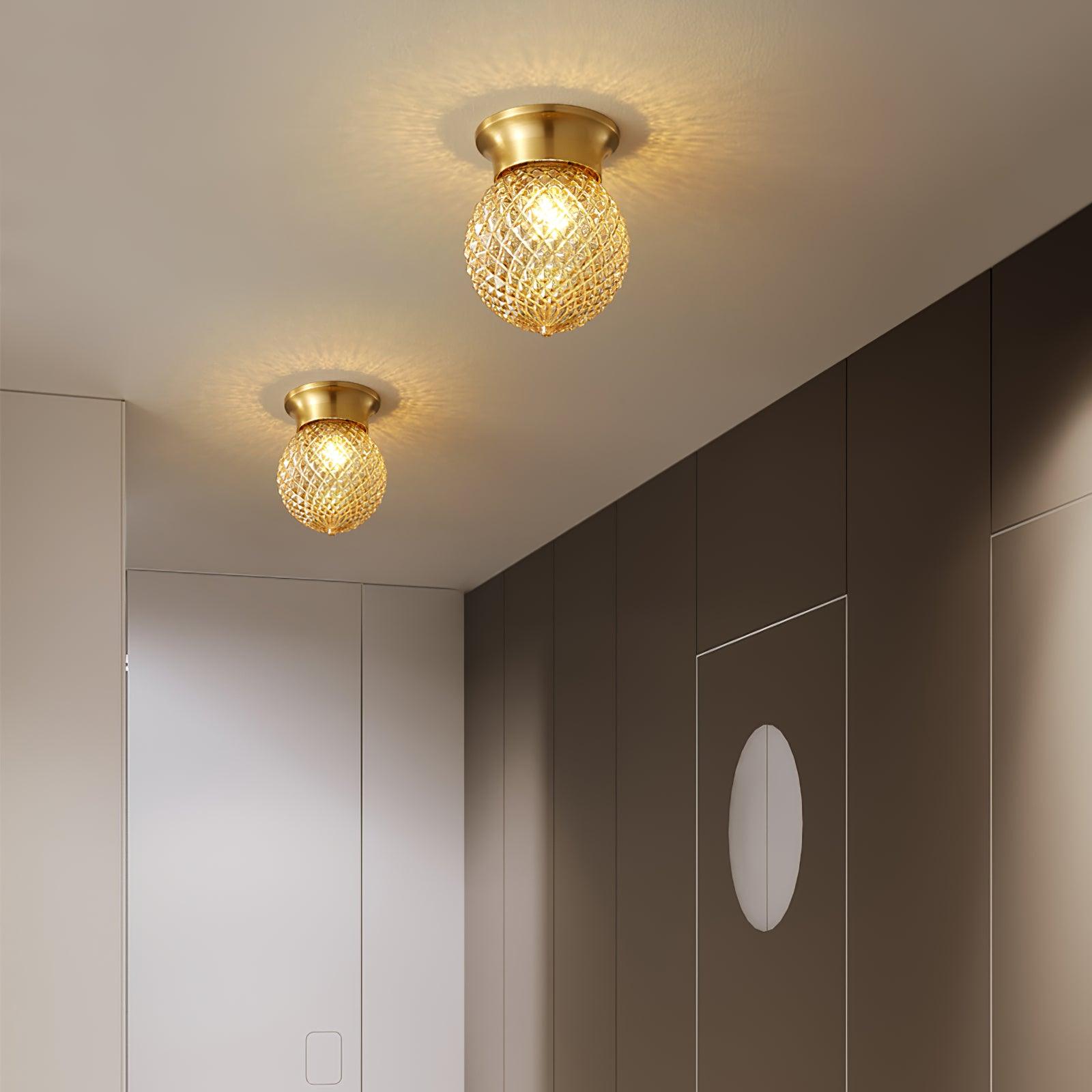 Reeded Glass Globe Flush Mount Ceiling Light Antique Brass Indoor Lighting