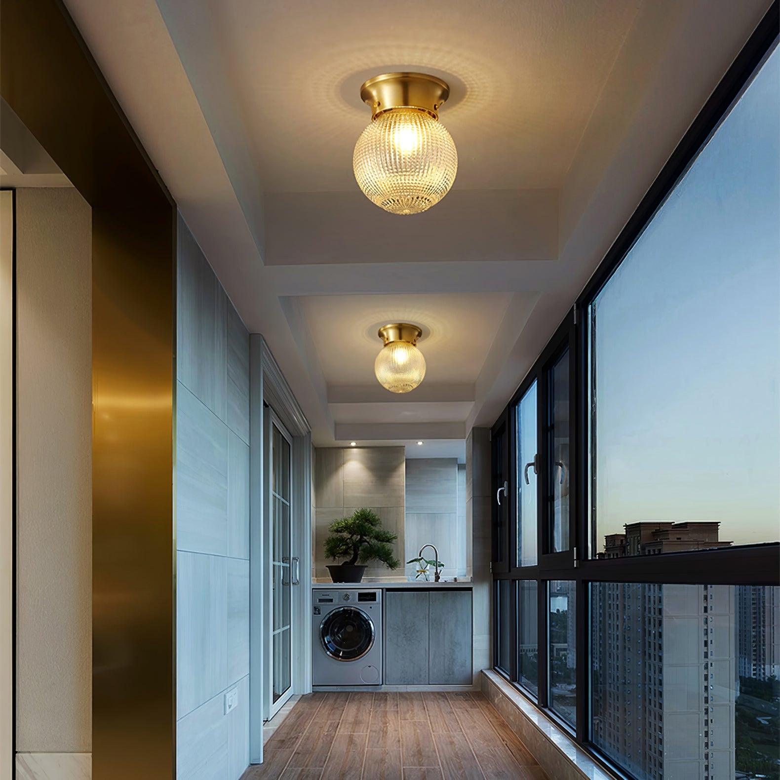 Reeded Glass Globe Flush Mount Ceiling Light Antique Brass Indoor Lighting