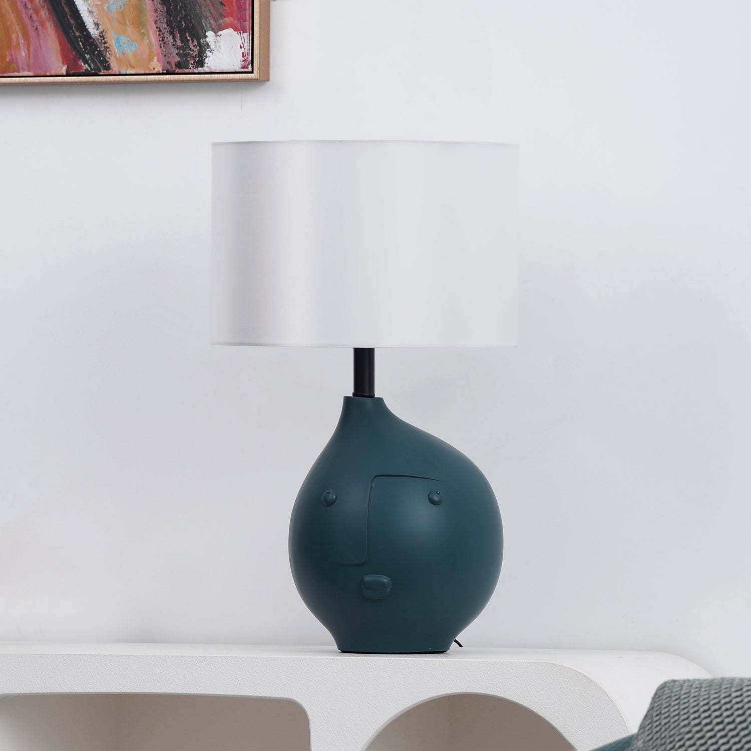 Modern Artistic Resin Table Lamp with White Fabric Shade Handcrafted Blue and White Desk Lighting
