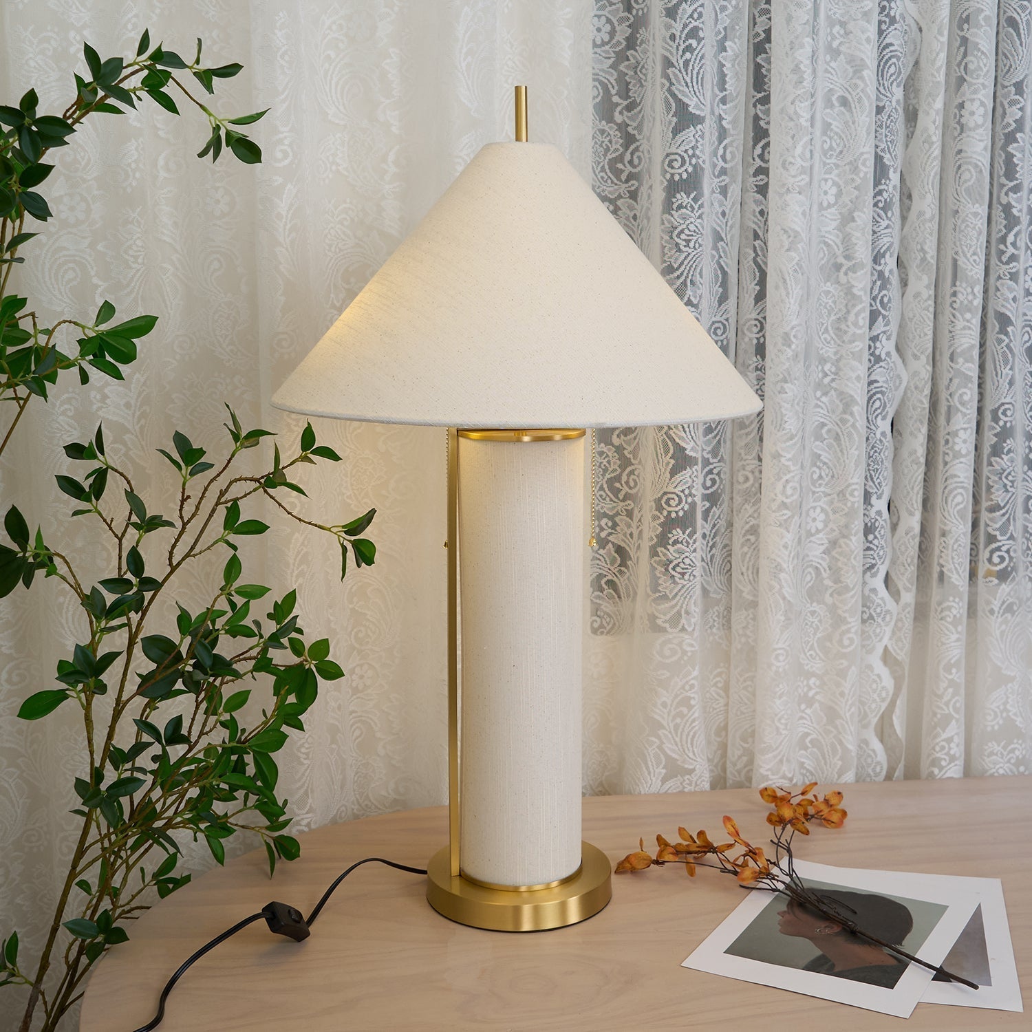 Modern Remi Linen Table Lamp with Gold Base and Beige Fabric Shade for Bedside Lighting