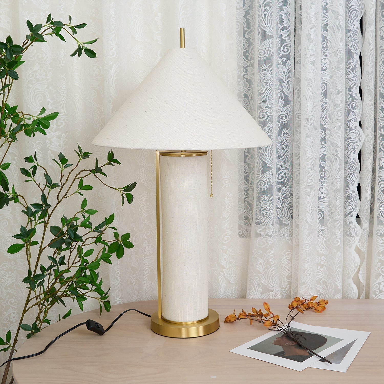 Modern Remi Linen Table Lamp with Gold Base and Beige Fabric Shade for Bedside Lighting