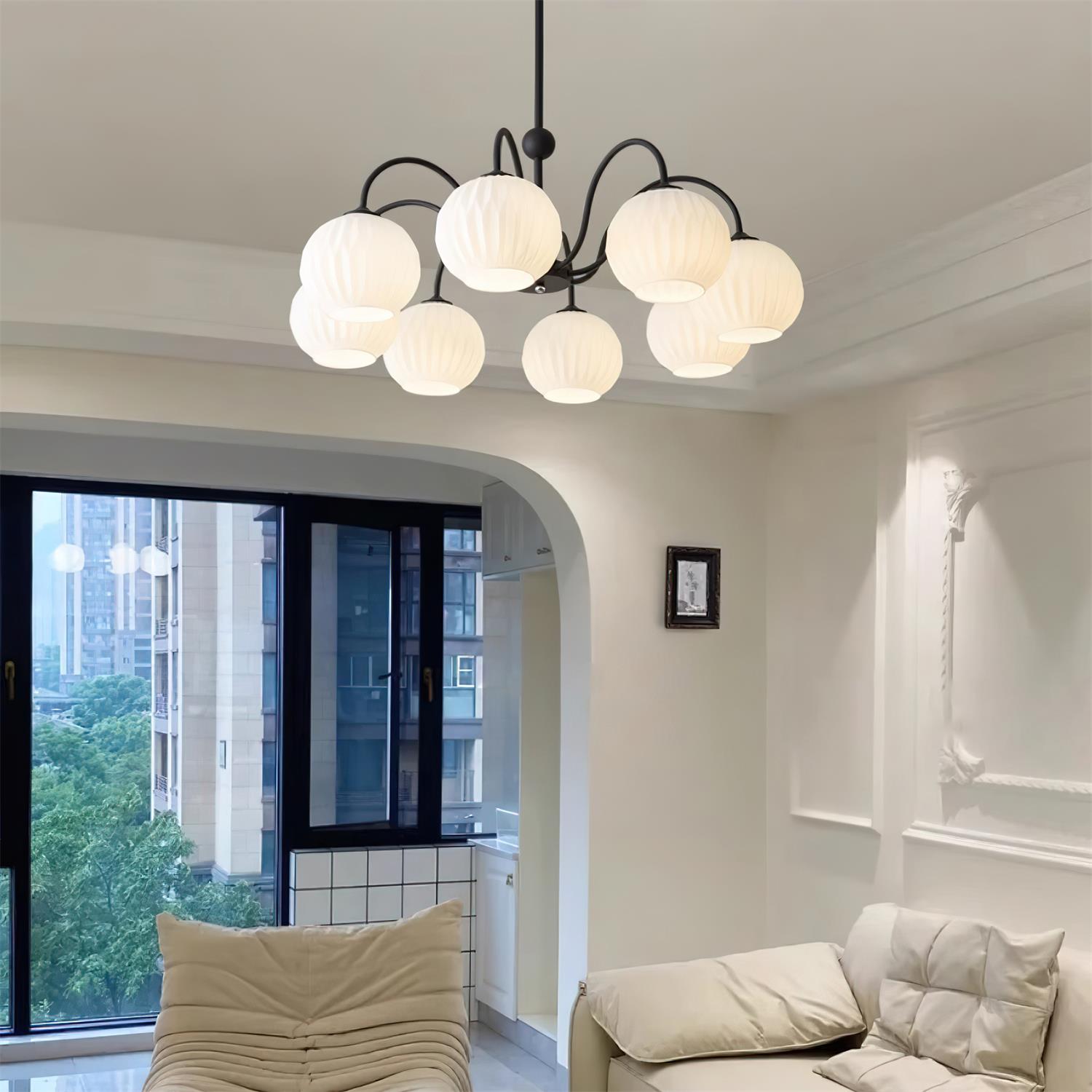 modern-ribbed-glass-globe-chandelier-metal-frame-pendant-light-for-living-room-and-dining-space