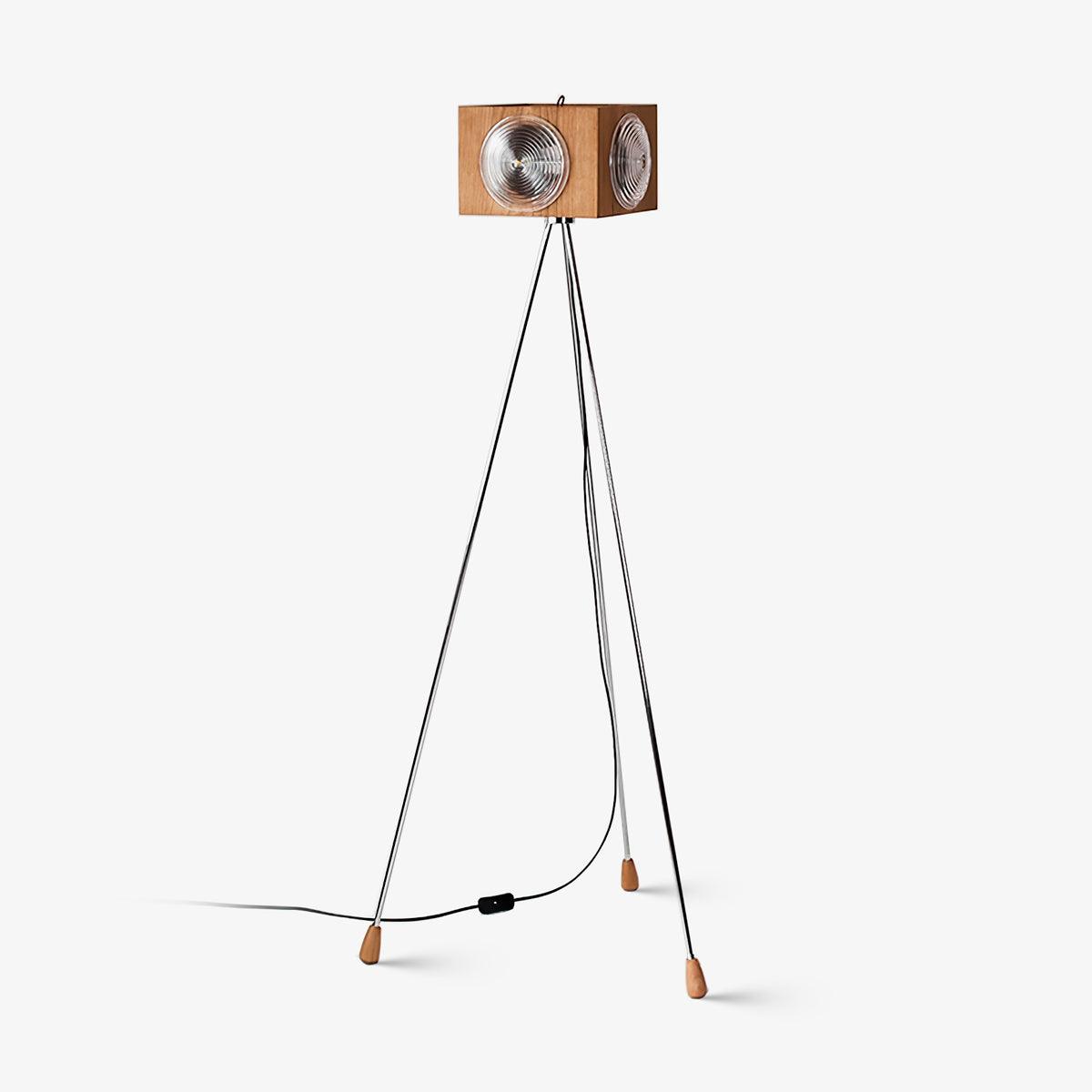 Vintage Camera Style Tripod Floor Lamp with Cherry Wood and Striped Glass Shades