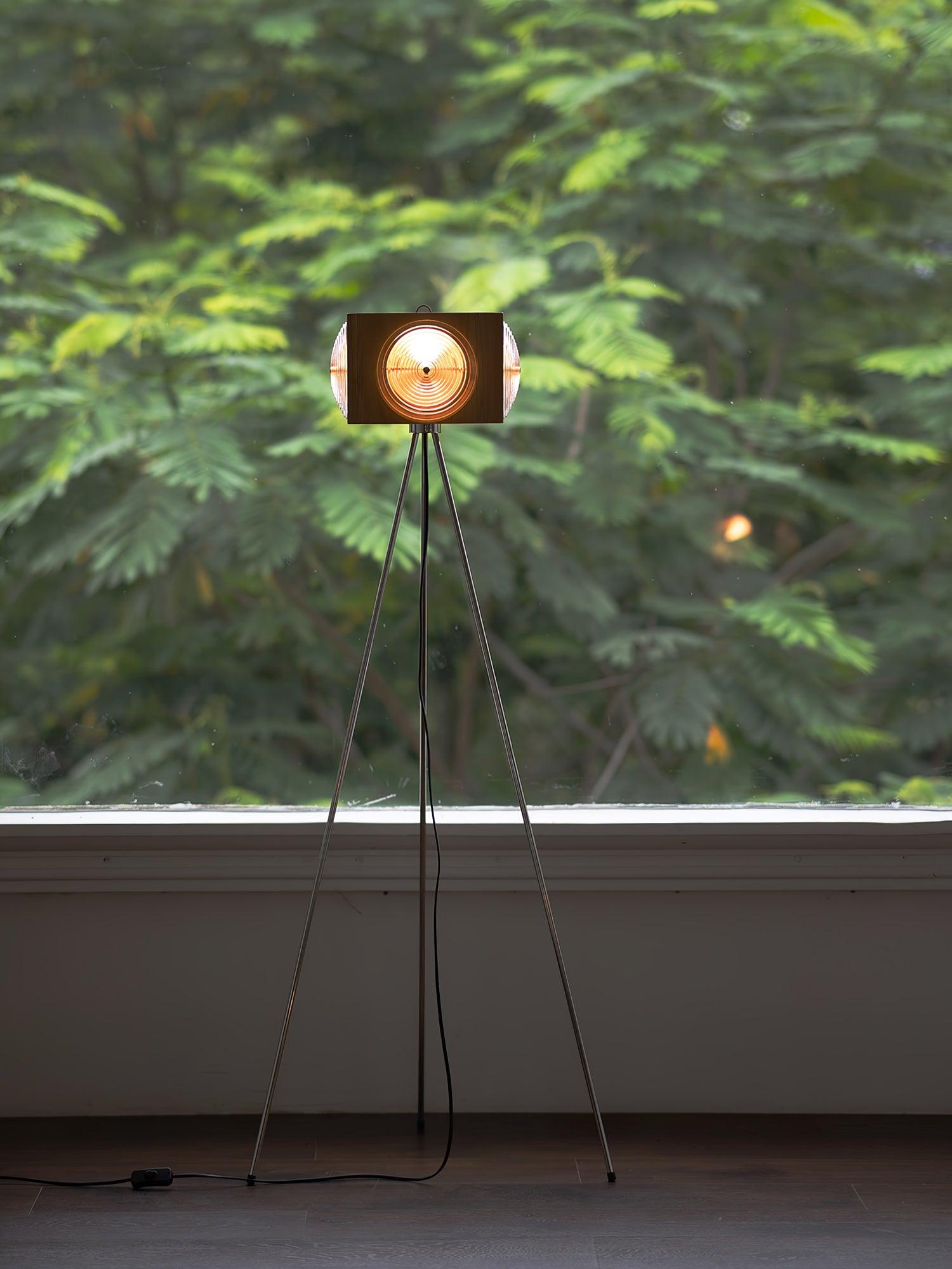 Vintage Camera Style Tripod Floor Lamp with Cherry Wood and Striped Glass Shades