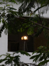 Vintage Camera Style Tripod Floor Lamp with Cherry Wood and Striped Glass Shades