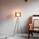 Vintage Camera Style Tripod Floor Lamp with Cherry Wood and Striped Glass Shades