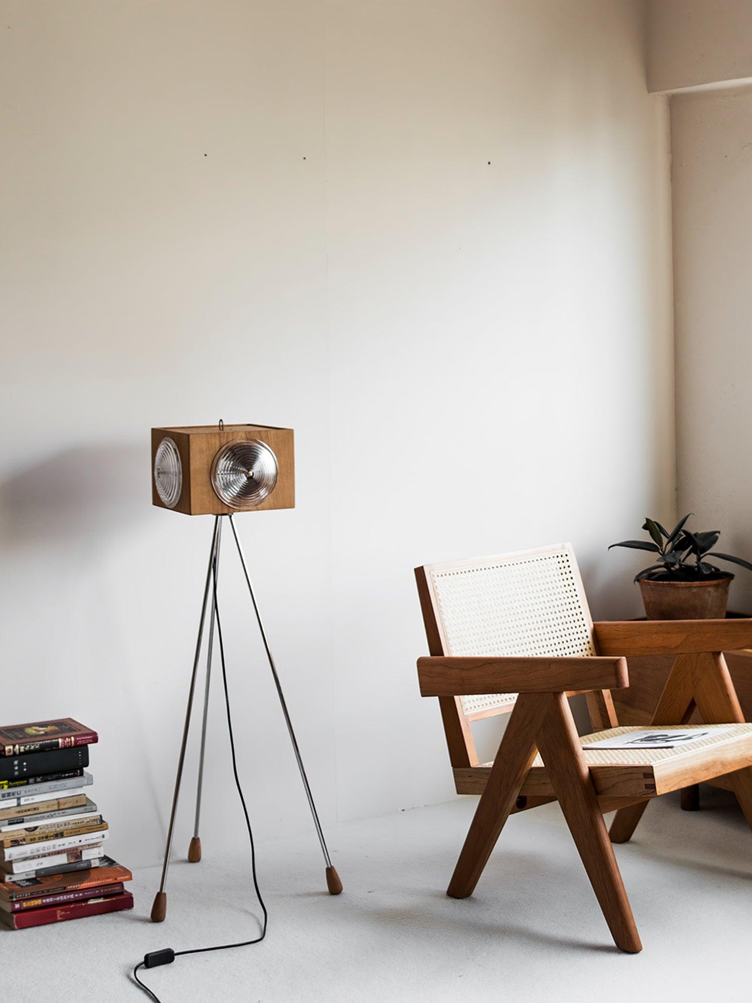 Vintage Camera Style Tripod Floor Lamp with Cherry Wood and Striped Glass Shades