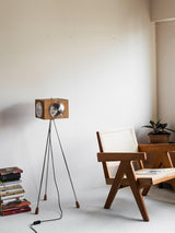Vintage Camera Style Tripod Floor Lamp with Cherry Wood and Striped Glass Shades