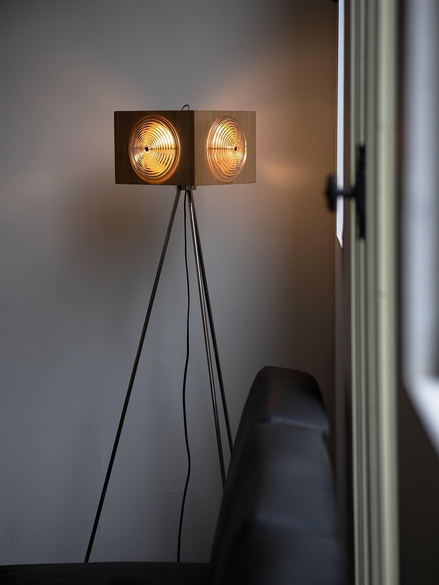 Vintage Camera Style Tripod Floor Lamp with Cherry Wood and Striped Glass Shades