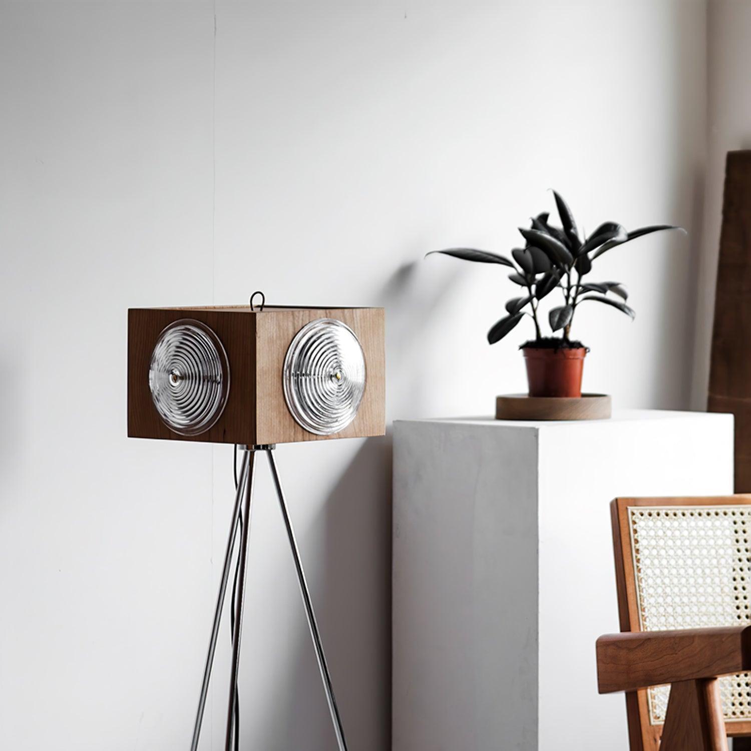 Vintage Camera Style Tripod Floor Lamp with Cherry Wood and Striped Glass Shades