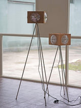 Vintage Camera Style Tripod Floor Lamp with Cherry Wood and Striped Glass Shades