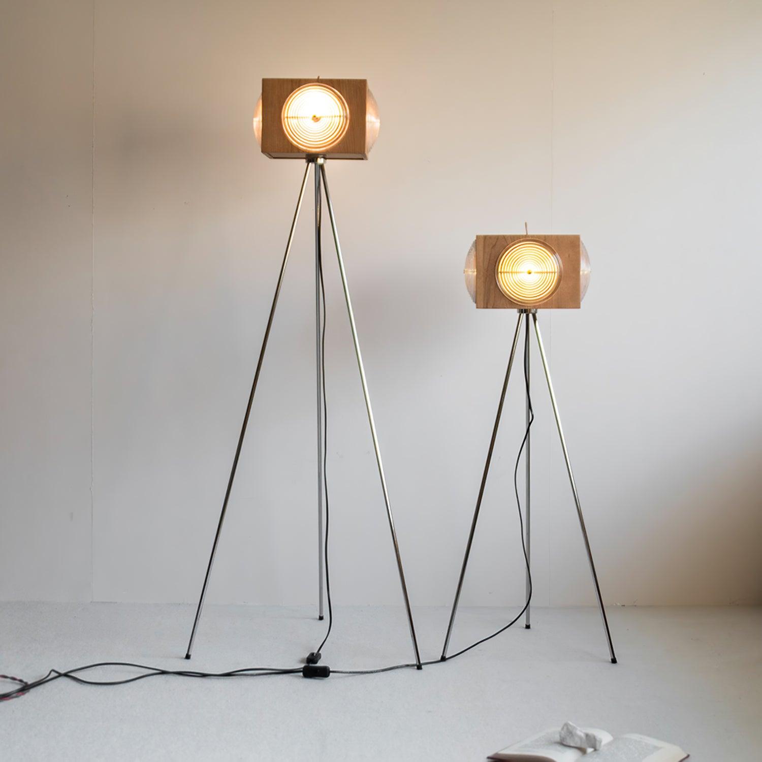 Vintage Camera Style Tripod Floor Lamp with Cherry Wood and Striped Glass Shades