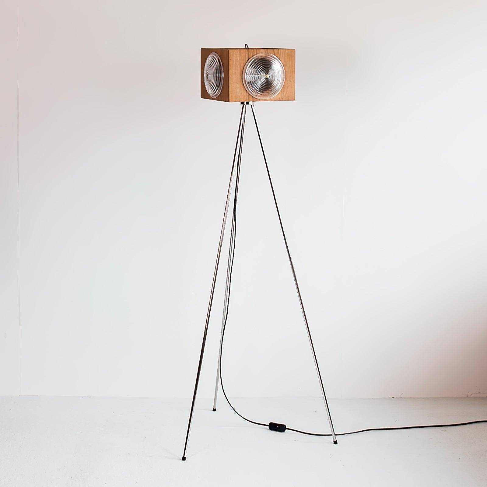 Vintage Camera Style Tripod Floor Lamp with Cherry Wood and Striped Glass Shades