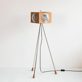 Vintage Camera Style Tripod Floor Lamp with Cherry Wood and Striped Glass Shades