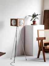 Vintage Camera Style Tripod Floor Lamp with Cherry Wood and Striped Glass Shades