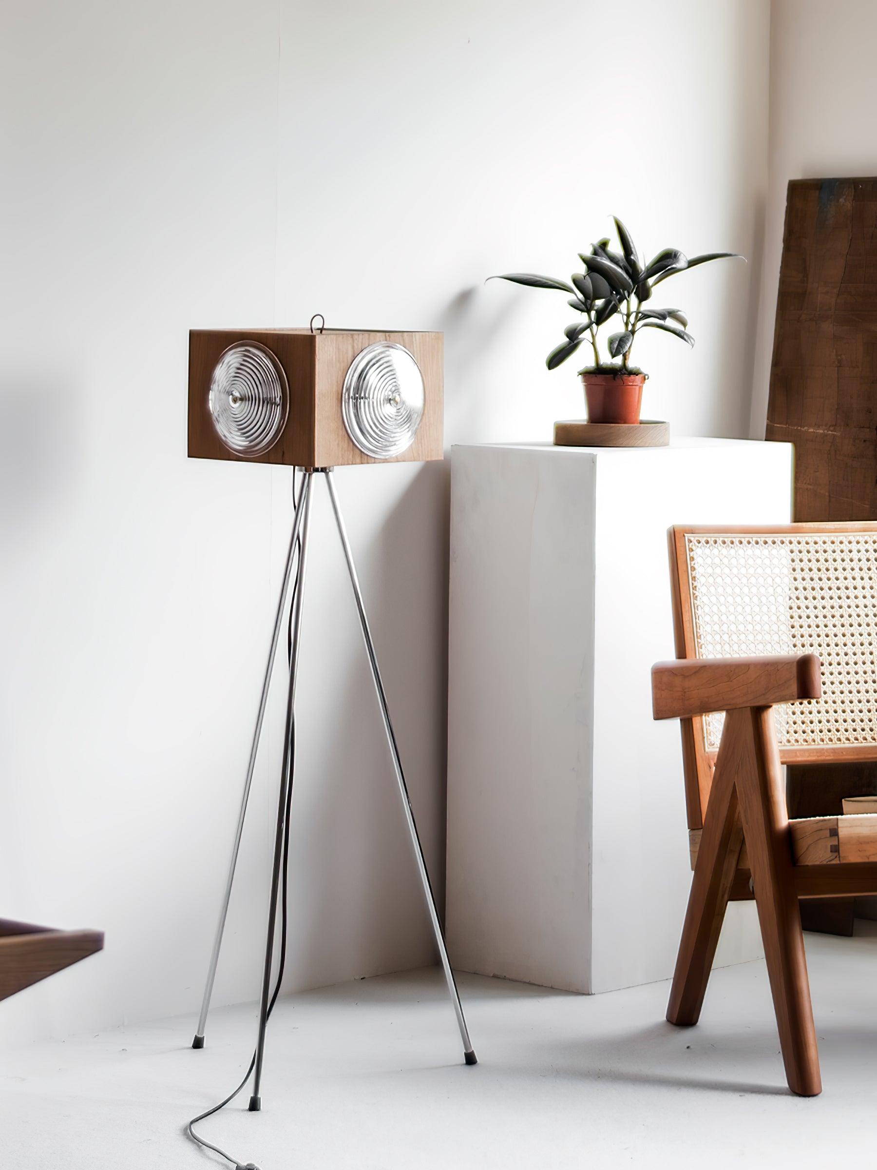 Vintage Camera Style Tripod Floor Lamp with Cherry Wood and Striped Glass Shades